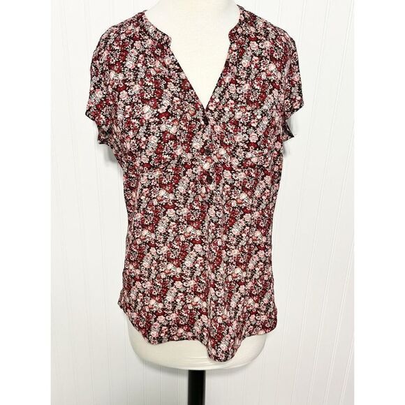 Soho New York‎ & Company Women's Floral Split V-neck 3-Button Blouse Red Medium - Picture 1 of 11